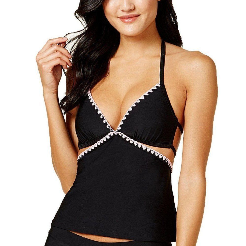 Black/Pink Shell-Stitch Halter Tankini Swim Top S‎